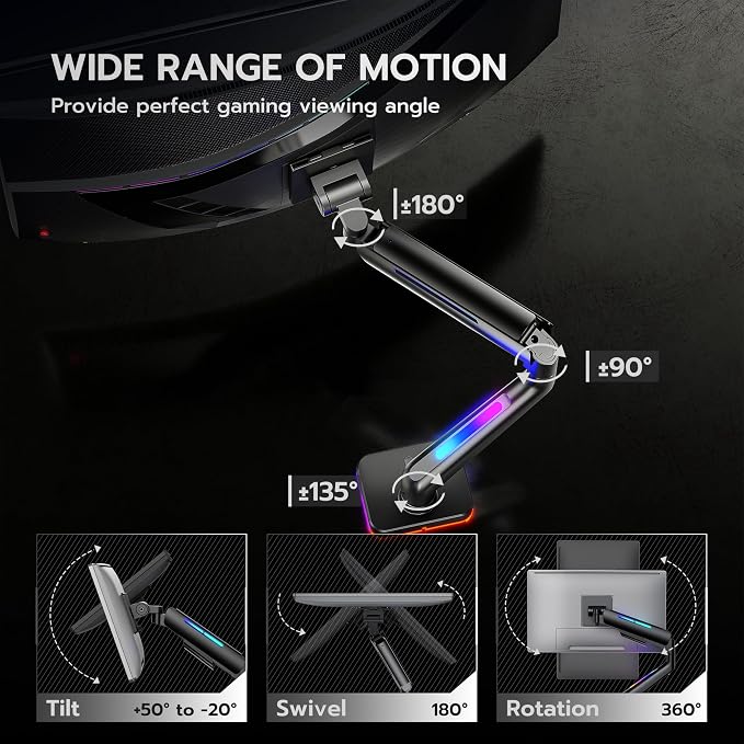 ARES WING Ultrawide Monitor arm with RGB for 17-49 Inch Screen, Black | Heavy Duty Gas Spring Single Monitor Arm, Adjustable Gaming Computer Monitor Arm for Desk up to 44lbs - Image 2