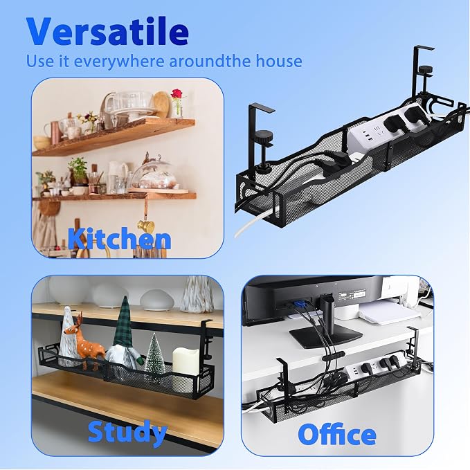 Under Desk Cable Management Tray 25.3 Inch, Clamp-On Cable Organizer Box for Standing Desks, No Drill Cord Management Under Desk, Large Desk Wire Organizer for Office & Home, Black - Image 6