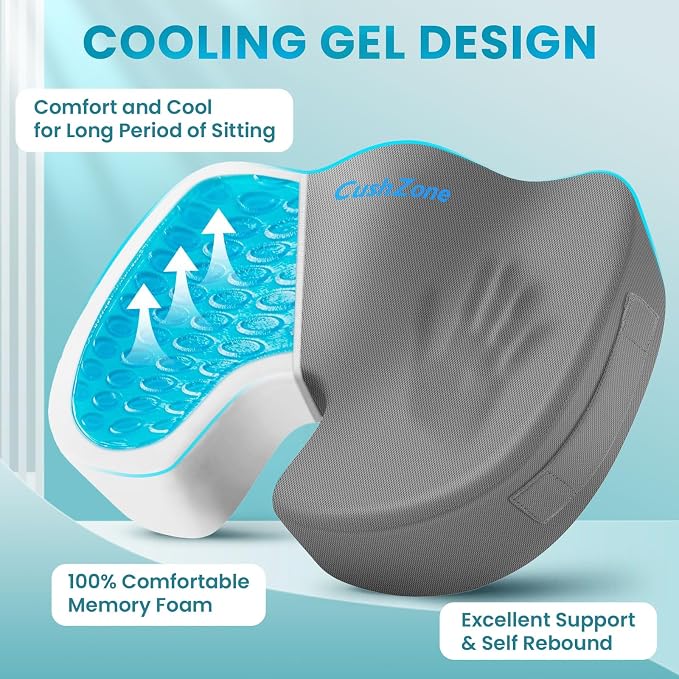 Gel Seat Cushion, Enhanced Memory Foam Cushion for Tailbone Pain, Gray | Cooling Gel for Office Chair, U-shaped Design Chair Cushion for Gaming, Car, Wheelchair, Non-Slip Base, Washable Cover - Image 2