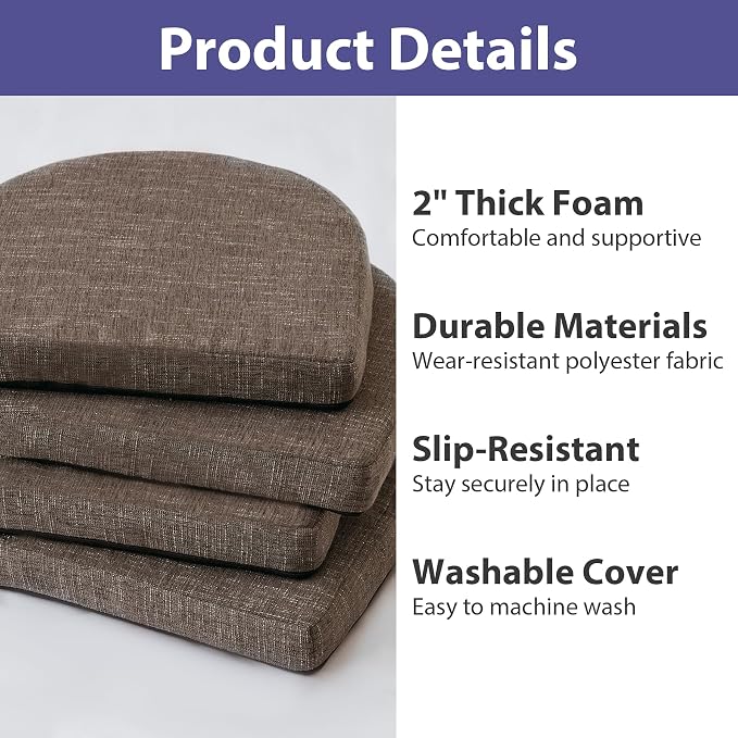 IPYNBAP Chair Cushions for Dining Chairs, Kitchen Chair Cushions, 16'' x 16'' x 2'', Non Slip Indoor Seat Cushions, Chair Pads for Dining Chairs with Ties & Removable Cover, Set of 2, Brown - Image 7