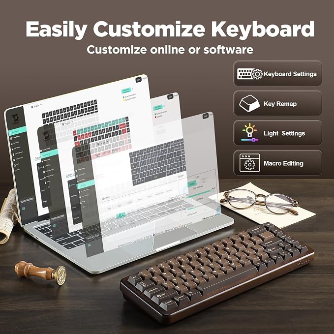 YUNZII WOOD68 65% Wireless Hot Swap RGB Mechanical Keyboard (Wood, Candy) | Tray Mount, Pre-lubed Linear Switche,BT/2.4G/USB-C,PBT Double-shot Keycaps,Wooden case for Retro Gamers & Desk Setups - Image 6
