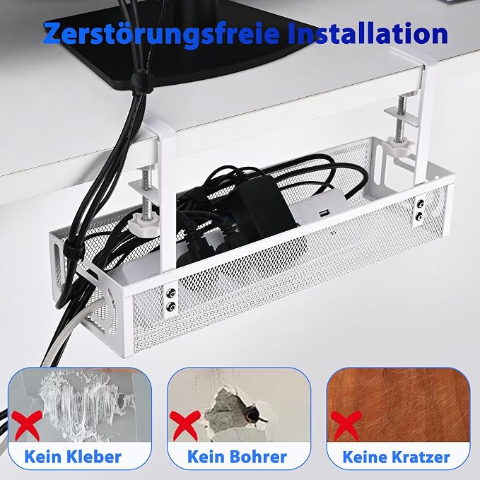 Under Desk Cable Management Tray Small – Clamp-Mounted Wire Organizer & Cord Management Under Desk Holder, No-Drill Metal Cable Tray for Home Office (White) - Image 3