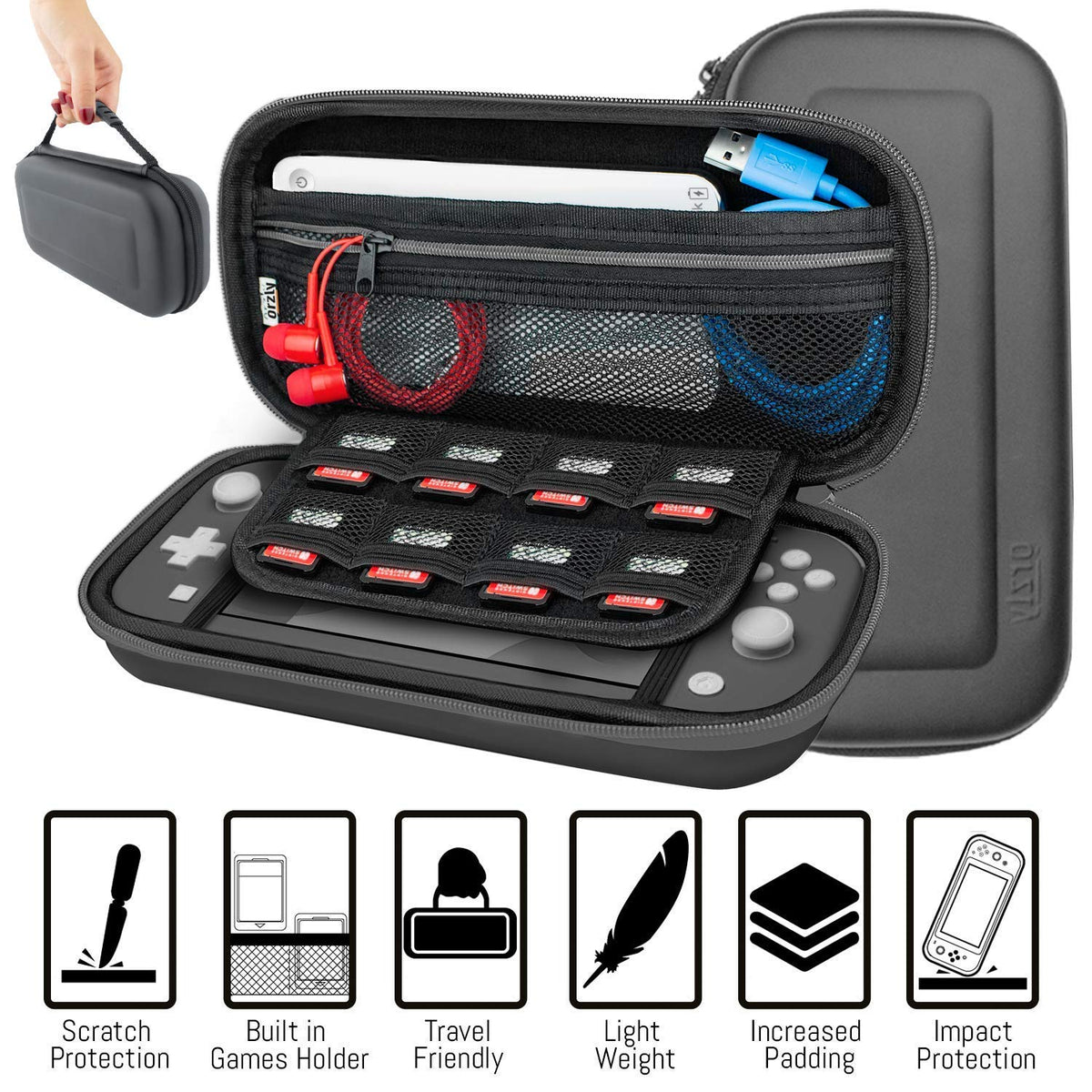 Orzly Switch Lite Accessories Bundle - Case & Screen Protector for Nintendo Switch Lite Console, USB Cable, Games Holder, Comfort Grip Case, Headphones, Thumb-Grip Pack & more (Orzly Gift Pack - Grey) - Image 4