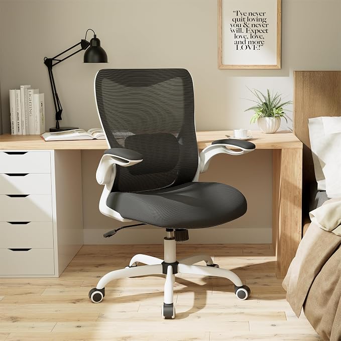 Office Chair, Ergonomic Desk Chair with Adjustable Lumbar Support and Flip up Armrest, Breathable Mesh Computer Chair for Home Office, White - Image 7