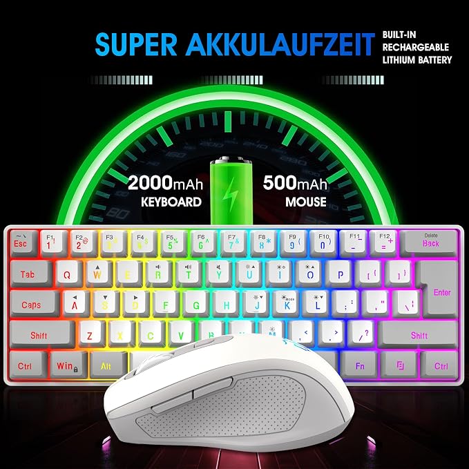 Snpurdiri 2.4G 60% Wireless Gaming Keyboard and Mouse Combo, Grey-White | Include Mini 60% Gaming RGB Backlit Keyboard, Ergonomic Vertical Feel Small Wireless Mouse - Image 3