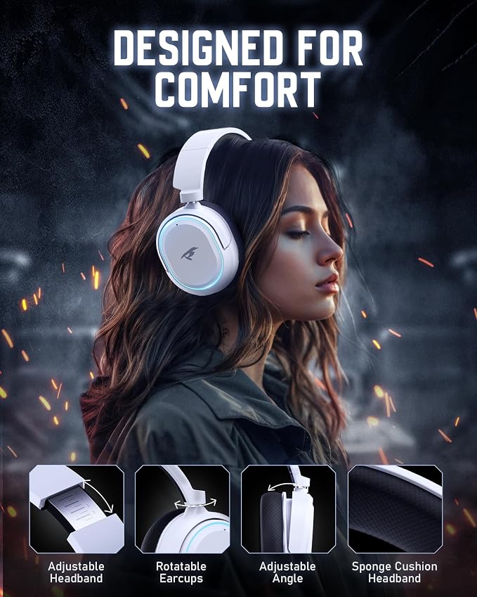 Wireless Gaming Headset, 7.1 Surround Sound, 2.4GHz USB Gaming Headphones with Bluetooth 5.4, 100H Battery, ENC Noise Canceling Mic, RGB Light, Wireless Headset for PC PS5 PS4 Mac Switch (Black-White) - Image 8