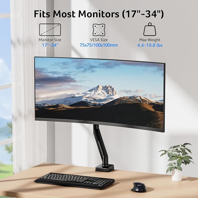 Acer Single Monitor Mount, Fully Adjustable Monitor Arm Fits 17-34" Screens | Gas Spring VESA Mount with C-Clamp & Grommet Base, Computer Desk Arm with Tilt Swivel Rotate Supports 4.4-19.8 lbs - Image 2