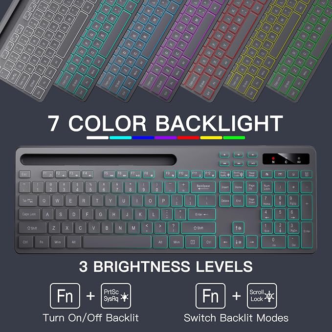 Soueto Wireless Keyboard with 7-Color RGB Backlit, Full-Size Computer Keyboard with Phone Tablet Holder, 2.4G Rechargeable Gaming Keyboard with Light Up Keys, Compatible with Mac, Windows (Grey) - Image 2