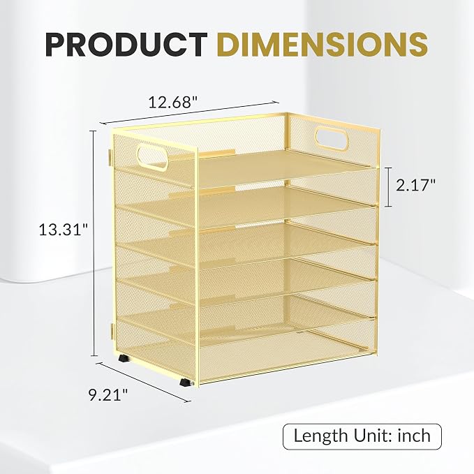 Daltack 6-Tier Paper Organizer for Desk with Handle, Gold | Sturdy Metal Mesh Organizer with Movable Middle Trays and a Carry Handle for Papers, Folders and Office Supplies - Image 2