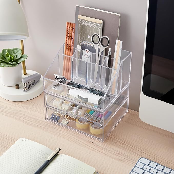 STORi Stackable Desk and Drawer Organizer, Clear Pen Pencil Makeup Brush Holder for Desktops and Vanities, 6 Compartment Caddy with 2 Wide Drawers (Made in USA) - Image 4