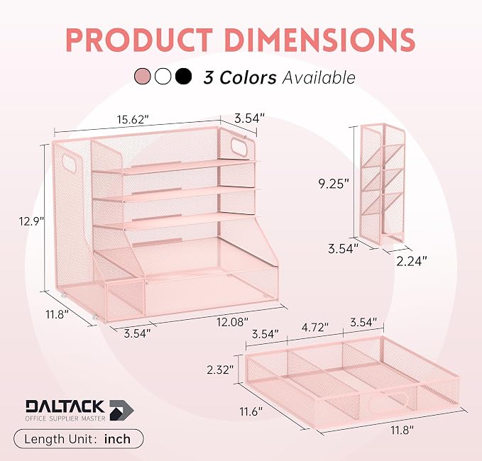 5-Tier Desk Organizer with File Holder & Pen Holder & Sliding Drawer, Pink | Mesh Metal Paper Letter Tray for Papers, Mail, Office Supplies, and Desk Accessories - Image 3