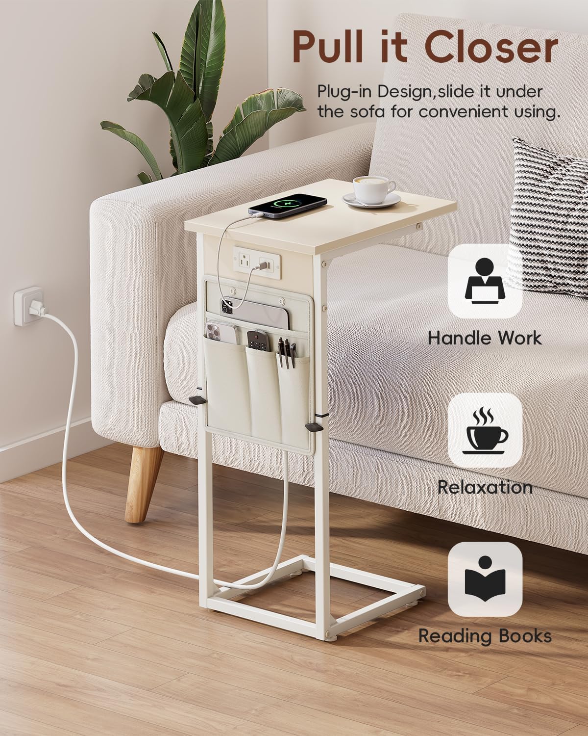 C Shaped End Table with Charging Station, Adjustable Height Side Table for Couch, Small Sofa Table C Table End Table, Slide Under Couch Table TV Tray Arm Table for Living Room, Bedroom, Cream - Image 7