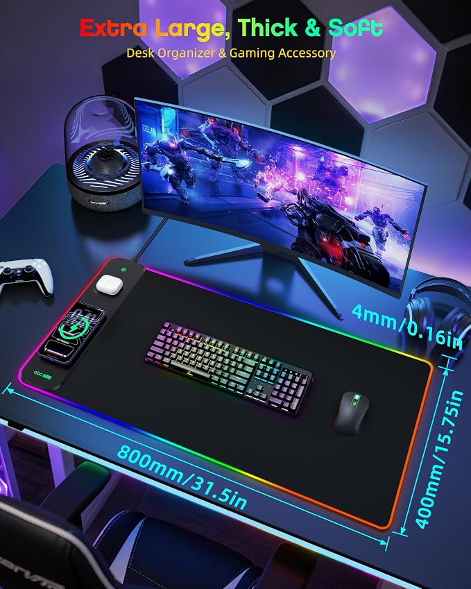 Magnetic Wireless Charging Mouse Pad Gaming, 31.5"x15.8" Large Desk Mat | RGB Mousepad, Smooth Glide, Stitched Edge, Non-Slip Rubber Base, Desk Pad Computer Keyboard Mat, No Adapter - Image 5