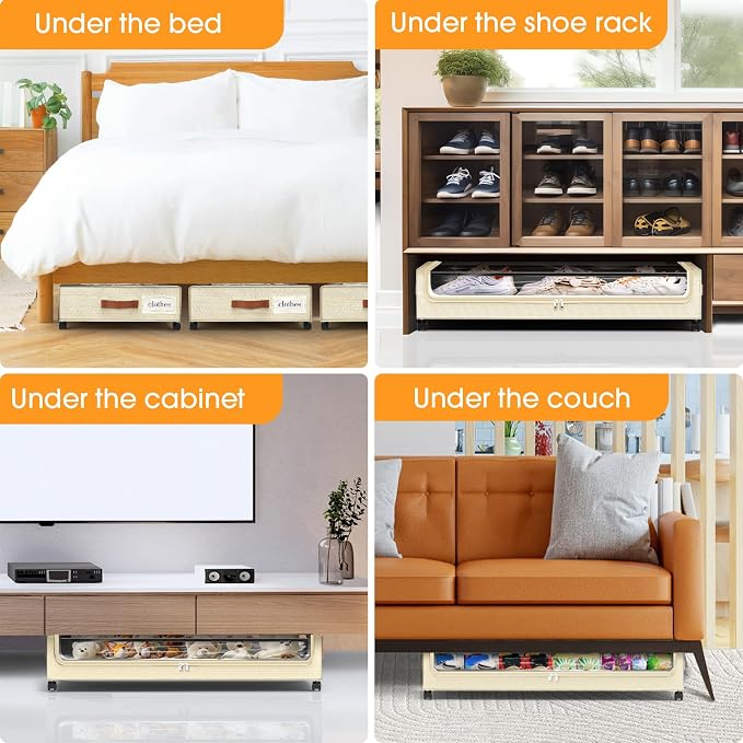 Under Bed Storage with Wheels 3Pack Storage Containers with Clear Window | Under Bed Drawers Rolling Under Bed Storage for Clothes,Shoes, Blankets (30.71 x 16.93 x 6.69 in, Beige) - Image 7