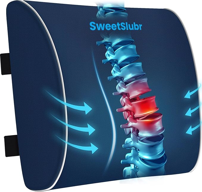 SweetSlubr Lumbar Support Pillow for Office Chair, Back Support(Blue,Large) | 3.9" Thick, Memory Foam, Adjustable Straps, Machine Washable Mesh Cover, Lower Back Pain Relief for Office, Car & Gaming by Unknown