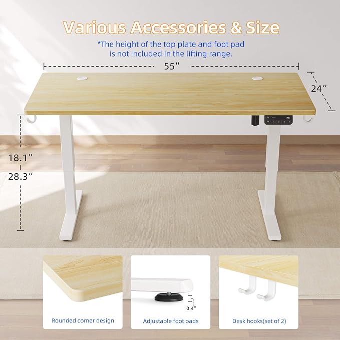 YIHAYO Low Height Adjustable Desk, Lifts 18.1-28.3 Inches, Electric Standing Desk for Short People, 55 x 24 Inches Computer Table with Splice Board for Home Office, Natural - Image 3