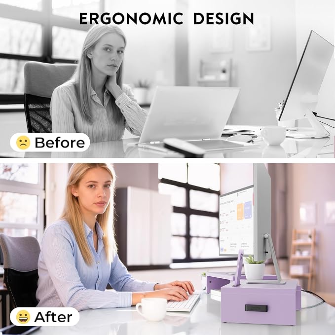 BONTEC Dual Monitor Stand Riser, Adjustable Length & Swivel Angle, Purple | Ergonomic Wooden Desktop Organizer with Smartphone Holder, Computer Monitor Stand for PC, Laptop, Printer and Large Storage - Image 5