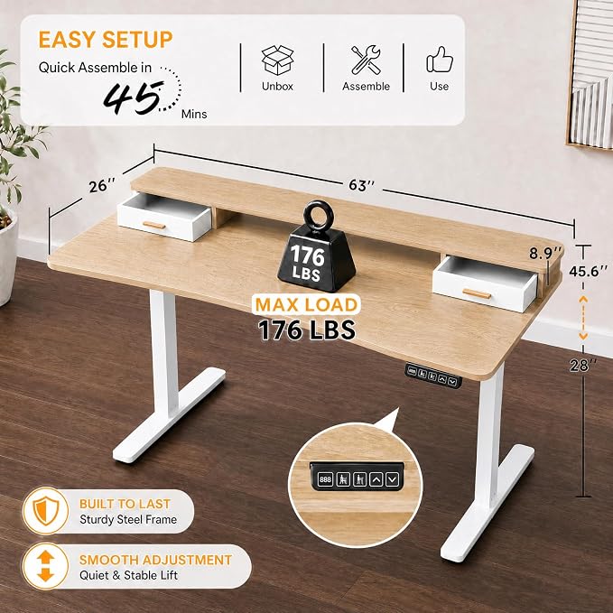 Grandder Electric Standing Desk with Two Drawers, CurvedSit to Stand Up Height Adjustable Desk with Storage Shelf for Home Office, 63 * 26 Inch, Study, Ergonomic Adjustable Computer Desk, Oak - Image 2
