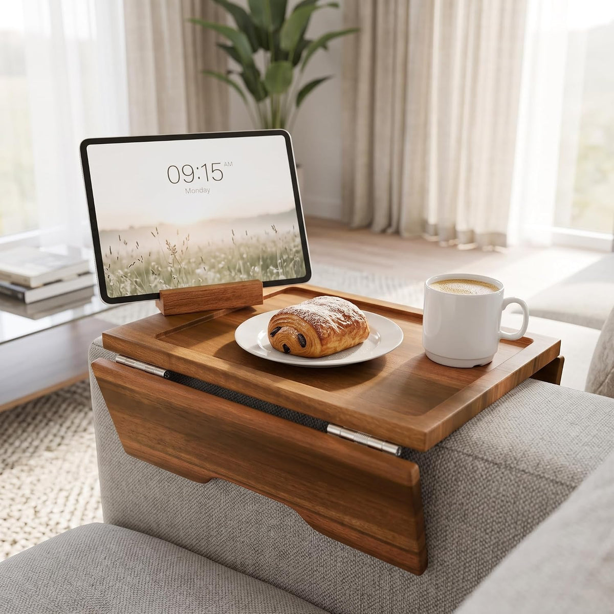 Couch Arm Table Tray with Phone & Tablet Holder – Acacia by Klavio
