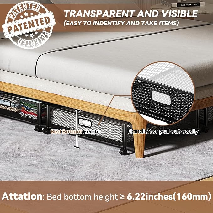 PHINOX Under Bed Storage with Wheels & Handle,Metal,Large,2 Pack,Black | Tool-free assembly, glide smoothly, easy reach, foldable, maxmazie low-profile beds, dorm, keep seasonal clothes, shoes fresh - Image 3