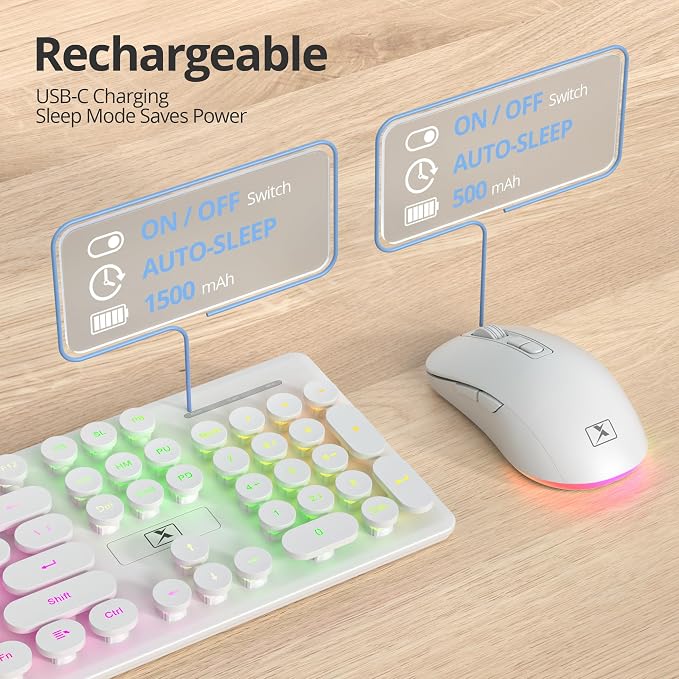 Backlit Wireless Keyboard and Mouse, 2.4GHz Light Up Typewriter Rechargeable Cordless Quiet Keyboard with USB Receiver for PC/Laptop (White) - Image 4