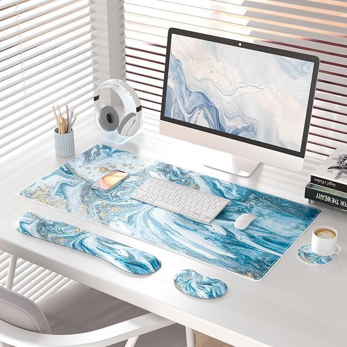QIYI PU Leather Desk Mat Set, 4-in-1 Ergonomic Wrist Rest, Blue Marble | Waterproof Large Mouse Pad 31.5×15.7 + Keyboard Wrist Rest + Mouse Wrist Support+Coaster, Non-Slip Office Gaming Accessories - Image 2