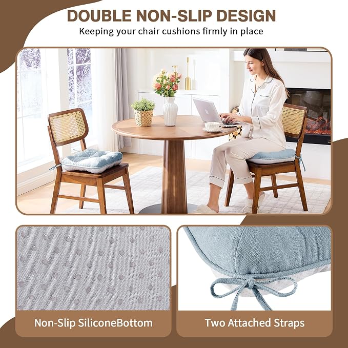 BETU Chair Cushions for Dining Chairs Set of 4,3.5" Thick Kitchen Table Chair Pads with Ties,Non Slip Backing and Covers, Seat Cushion for Dining Room,Bar,Patio Chairs,15.5"X15.5"X3.5",Smoky Blue - Image 2