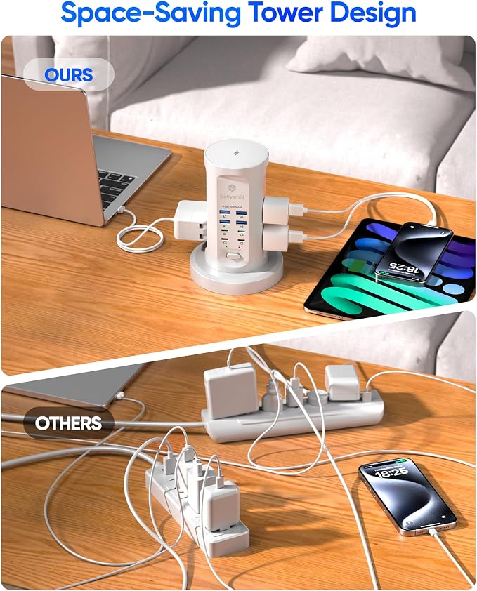 Power Strip Tower, kakyanill PD 65W Charging Station 9 AC Outlets 8 USB | 6 Ft Retractable Extension Cord, 15W Wireless Charger, White - Image 4