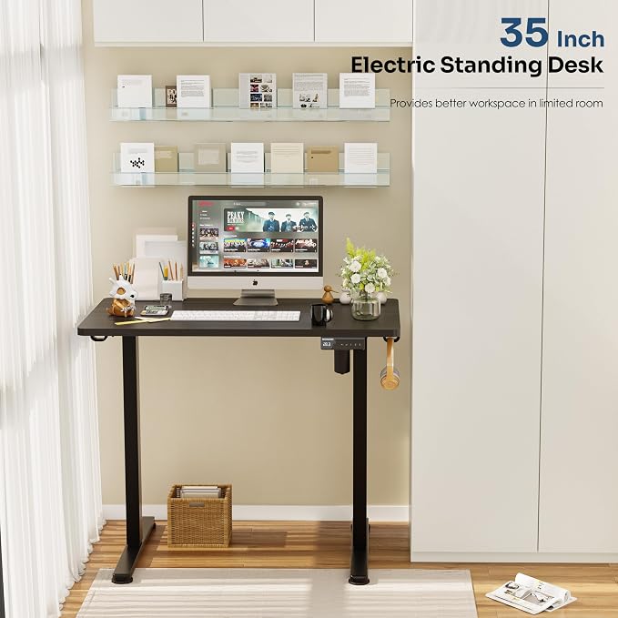 Monomi 35"x20" Small Electric Standing Desk,Whole Piece Desktop,Black | Height Adjustable Desk with Memory Controller and wheels, Sit Stand Computer Workstation for Home Office,Space Saving - Image 4