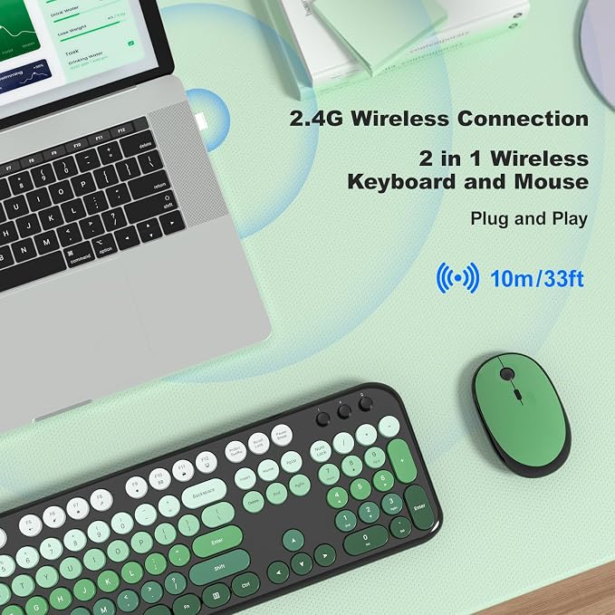MOFII Wireless Keyboard and Mouse Combo,2.4G Typewriter Keyboard Quiet Mice | Retro Full Size Computer Keyboards,Cute Mouse, USB Dongle Plug and Play, for PC,Laptop,Desktop,Windows (Black Green Gradient) - Image 2