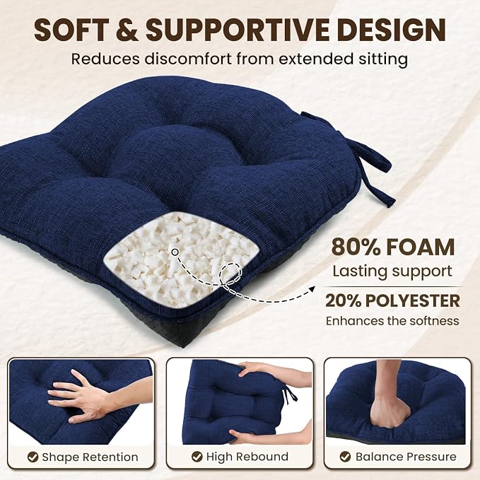 downluxe Indoor Chair Cushions for Dining Chairs, Tufted Overstuffed Textured Kitchen Chair Pads with Ties and Non-Slip Backing, 15.5" x 15.5" x 4", Royal Blue, 4 Pack - Image 3