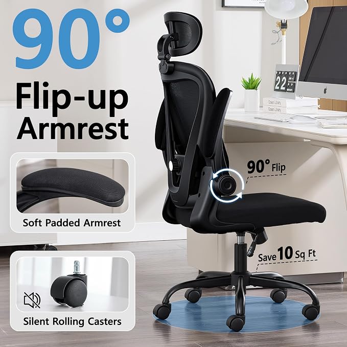 Office Chair, Ergonomic Computer Desk Chair with 3D Headrest | Comfy Home Office Desk Chair with Adjustable Lumbar Support & Flip-up Armrests, 330LBS High Back Mesh Gaming Chair, Black - Image 7