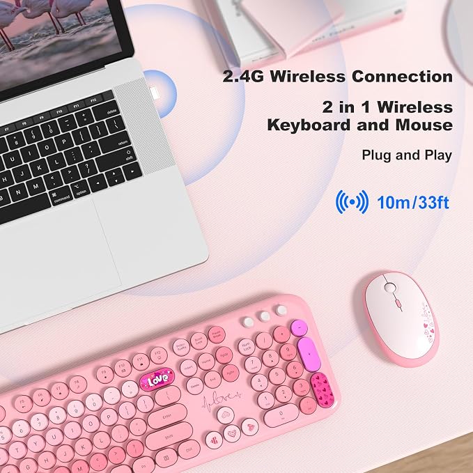 MOFII Wireless Keyboard and Mouse Combo, Cute Retro Typewriter Keyboard and Silent Mouse, 2.4GHz Full Size Computer Keyboard Wireless Mouse Set for PC, Laptop, Desktop, Windows (Pink Colorful) - Image 2