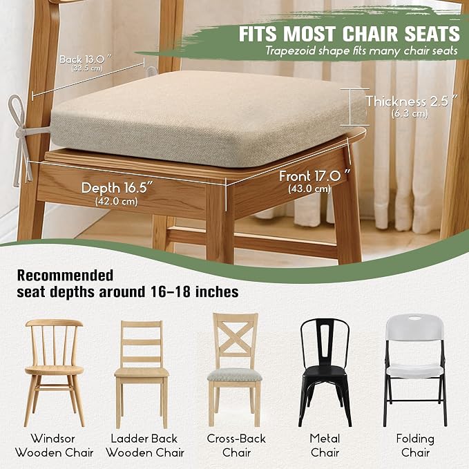 kingphenix Chair Cushions for Dining Chairs, Set of 6, 2.5 Inches Thick | High-Density Foam Kitchen Chair Cushions with Ties, Non-Slip Bottom and Removable Machine-Washable Covers, 17 x 16 in, Beige - Image 6