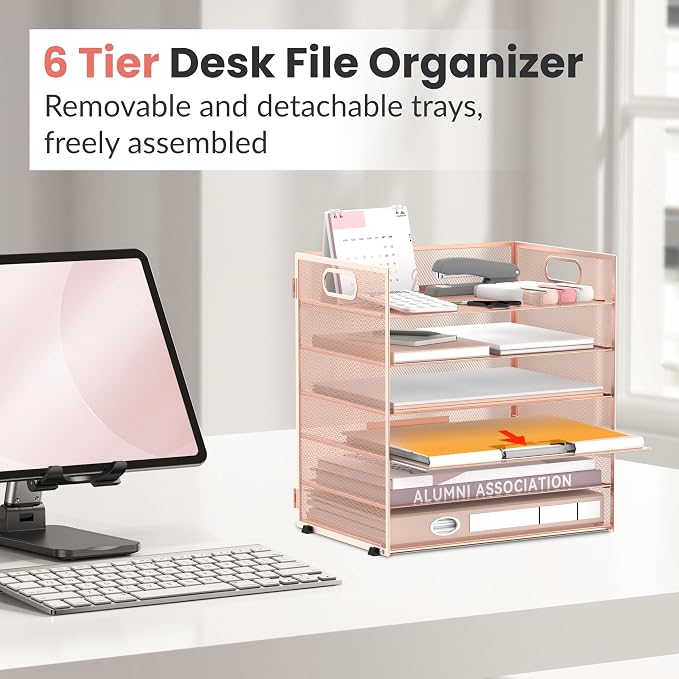 Daltack 6-Tier Paper Organizer for Desk with Handle, Rose Gold | Sturdy Metal Mesh Organizer with Movable Middle Trays and a Carry Handle for Papers, Folders and Office Supplies - Image 5