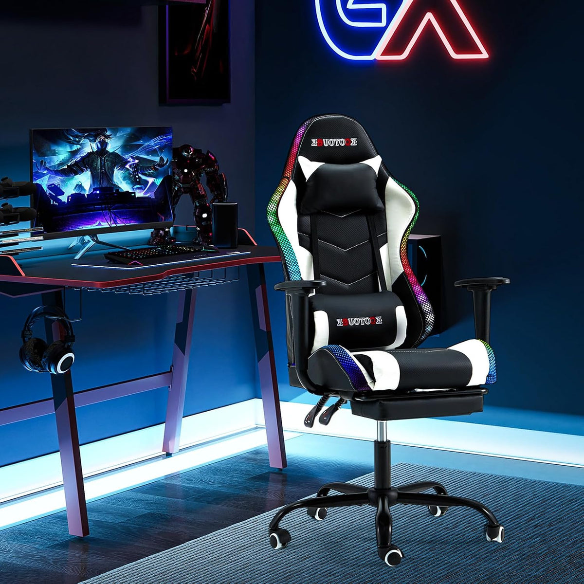 Racing Style RGB LED Lights Gaming Chair with Footrest - Image 2