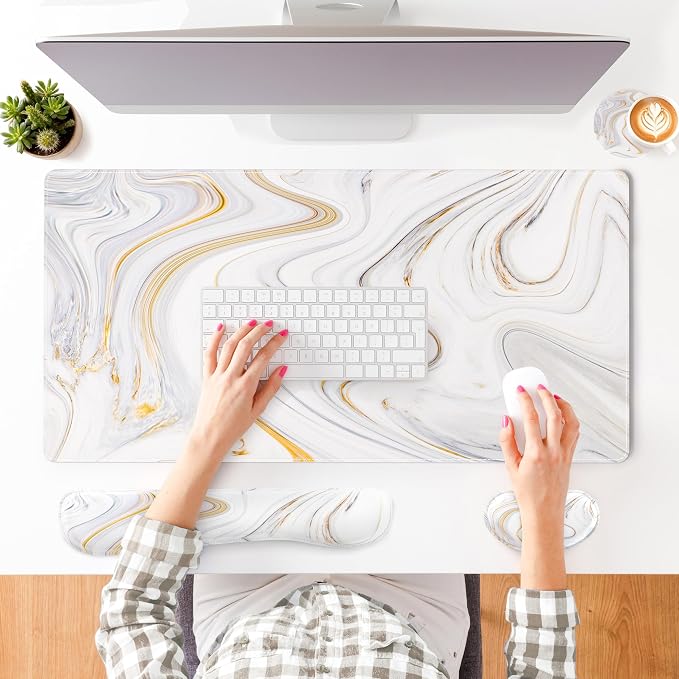 QIYI PU Leather Desk Mat Set, 4-in-1 Ergonomic Wrist Rest, Marble Stripes | Waterproof Large Mouse Pad 31.5×15.7 + Keyboard Wrist Rest + Mouse Wrist Support+Coaster, Non-Slip Office Gaming Accessories - Image 8