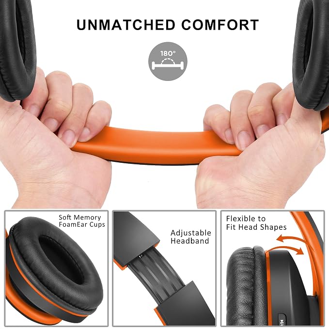 ZIHNIC Bluetooth Headphones Over-Ear, Foldable Wireless and Wired Stereo Headset Micro SD/TF, FM for Cell Phone,PC,Soft Earmuffs &Light Weight for Prolonged Wearing(Black/Orange) - Image 2