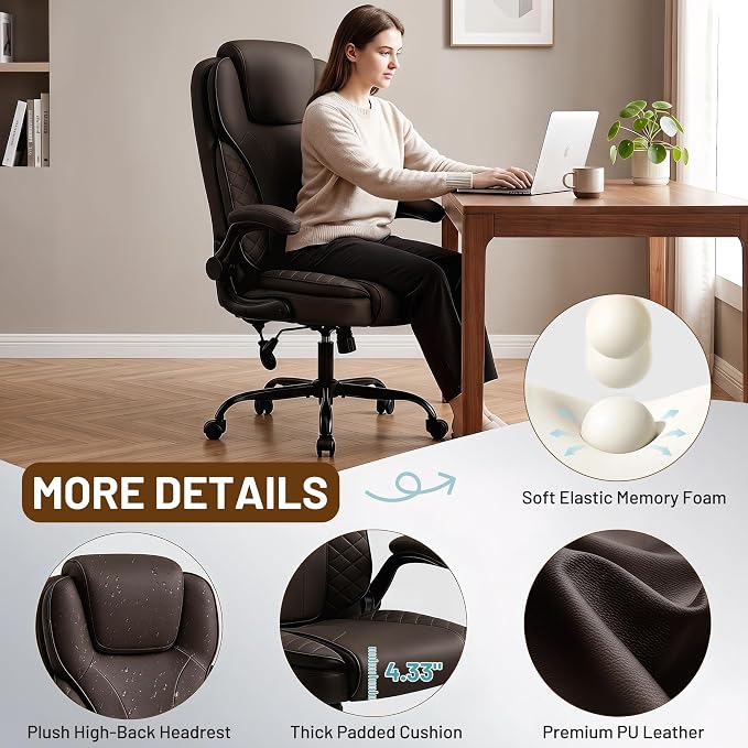 Ergonomic Office Chair, PU Leather High Back Executive Chair with Adjustable Inflatable Lumbar Support and Padded Flip-Up Arms, Recline Swivel Task Computer Chair for Home Office, Dark Brown - Image 7
