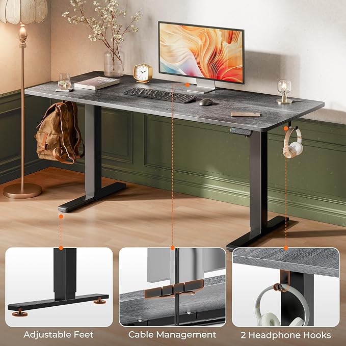 Huuger 63 x 28 Large Electric Standing Desk, Height Adjustable Computer Desk, 27.6" Deep Desktop, Stand up Gaming Office Table with 2 Hooks, 3 Preset Heights, for Home Office, Grey - Image 7