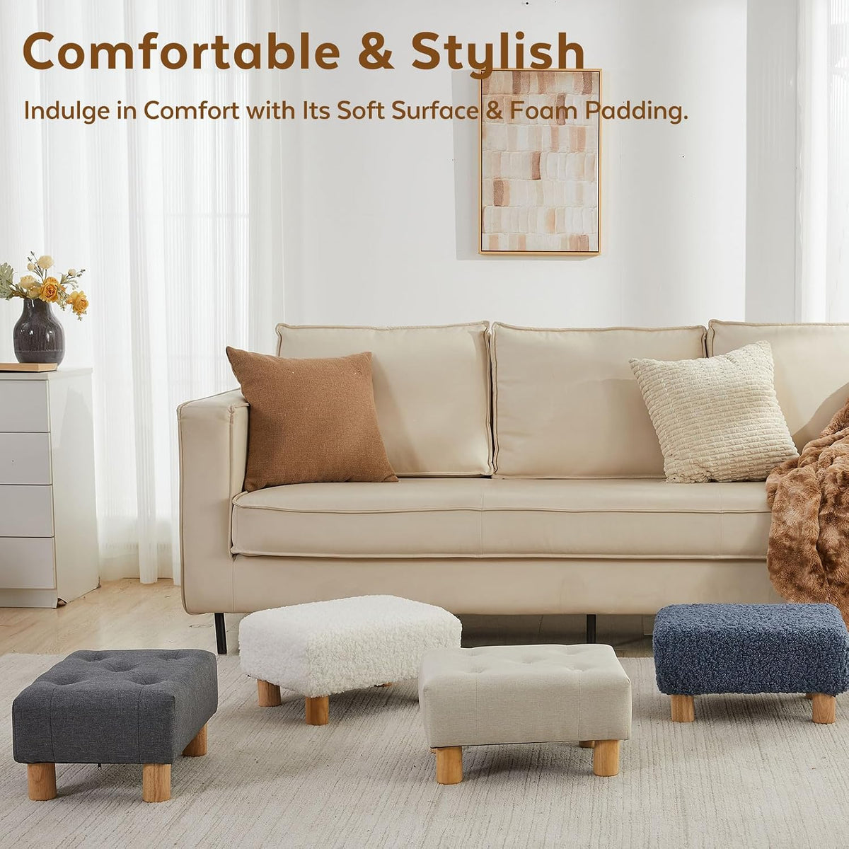 Small Foot Stool Ottoman, Linen Footstool Ottoman Foot Rest for Couch, Rectangle Footstools and Ottomans Small for Living Room, Entryway and Bedroom (Beige) - Image 8