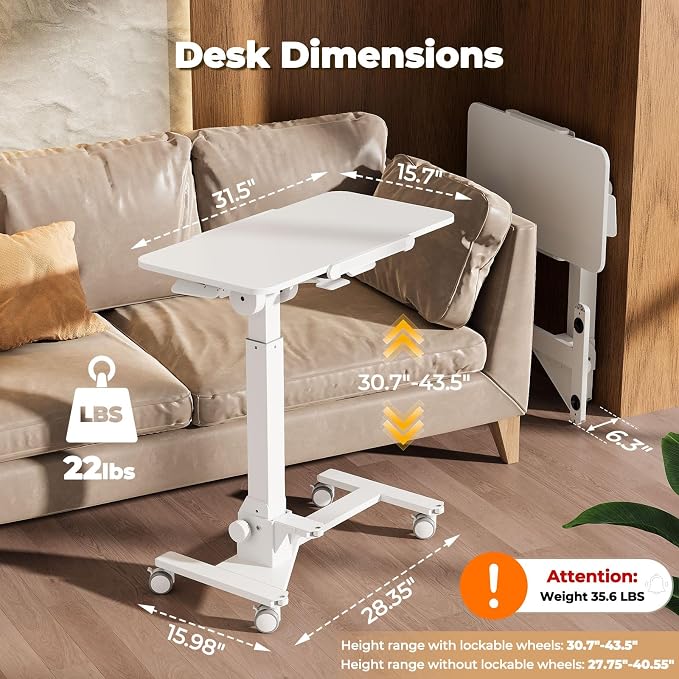 JOY worker Foldable Mobile Standing Desk on Wheels, 180° Tilt Bedside Table | Height Adjustable, 31.5" White MDF Board with Lips, Collapsible Top & Base for Storage, Rolling Laptop Desk for Home Hospital - Image 2