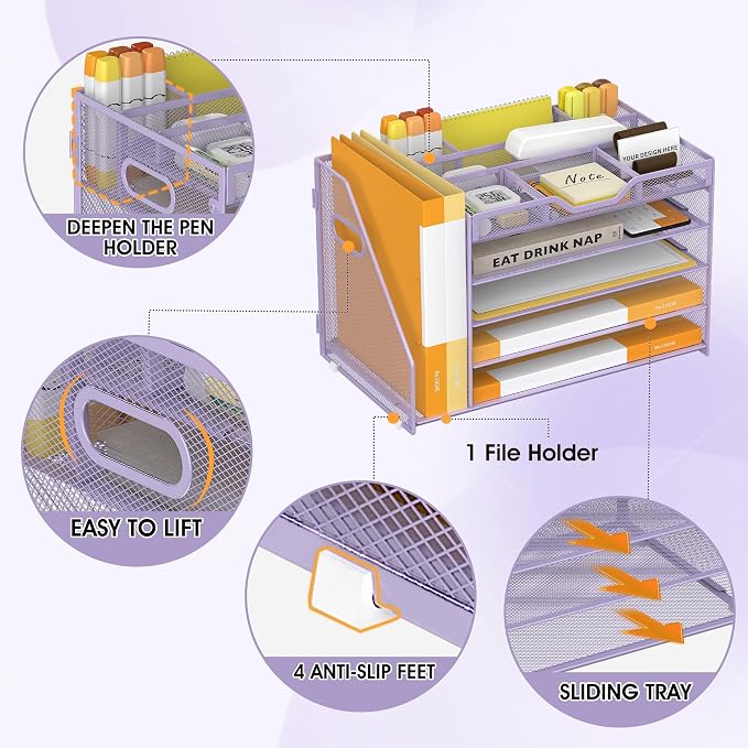 5 Tier Paper Letter Tray Desk Organizer with Pen Holders - Purple | Features 3 pen holders and 4 removable dividers.Versatile mesh desktop storage for mail, document,office supplie - Image 4