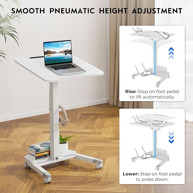 BONTEC Mobile Standing Desk, Adjustable Height, 23.6 x 20.5 Inch, White | Rolling Laptop Cart with Storage Shelf and Hooks, Portable Workstation with Pneumatic Lift, Ergonomic Compact Home Office Use - Image 4