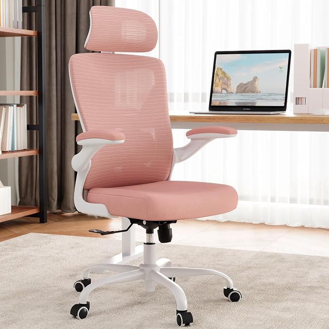 Ergonomic Office Chair: Mesh Desk Chair Comfy with Headrest& Lumbar Support | Ergalithic Big and Tall Office Chairs with Wheels & Flip-Up Arms-Computer Gaming Chairs for Adults Home Office Chairs(Pink) - Image 4