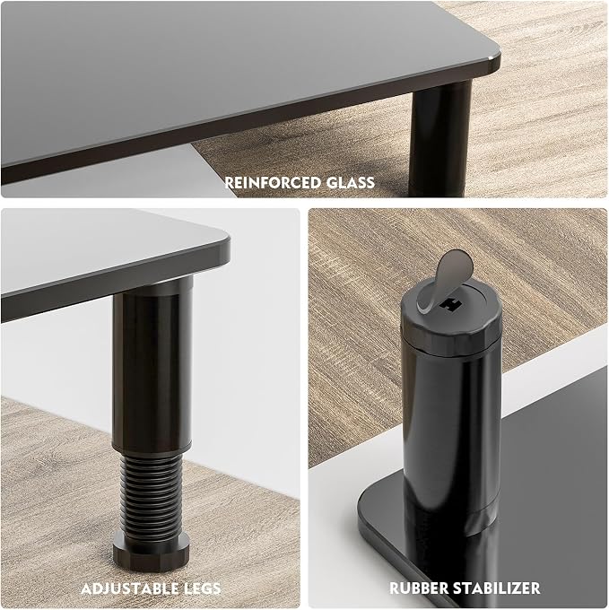 Glass Computer Monitor Stand Riser with Height Adjustable Multi Media Desktop Stand for Flat Screen LCD LED TV, Laptop/Notebook/Xbox One, Black HD01B-002 - Image 7