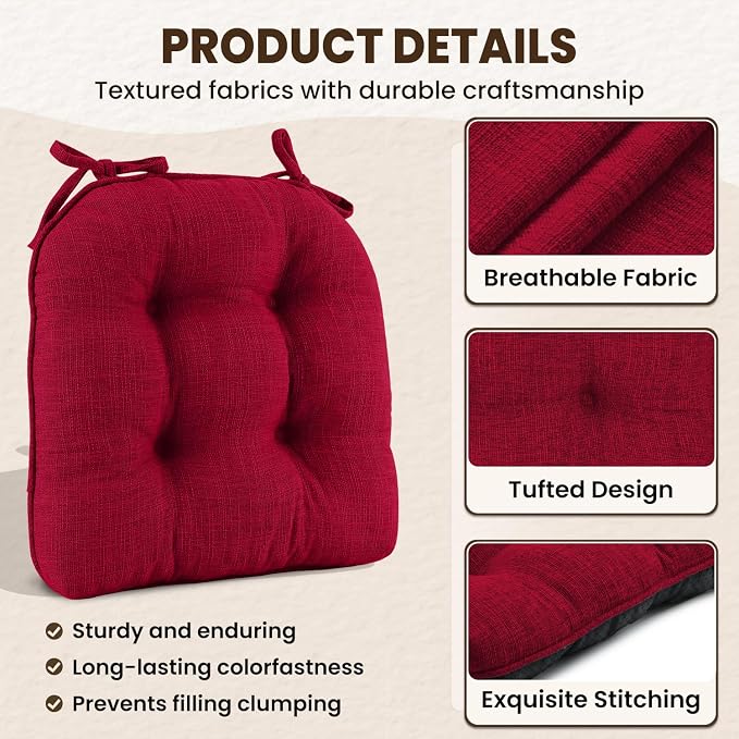 downluxe Indoor Chair Cushions for Dining Chairs, Tufted Overstuffed Textured Kitchen Chair Pads with Ties and Non-Slip Backing, 15.5" x 15.5" x 4", Red, 6 Pack - Image 5