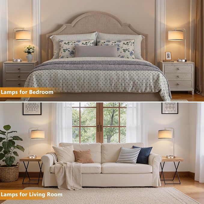 Innqoo Bedside Table Lamps for Bedroom Set of 2-Dimmable Nightstand Lamps with USB Port and Outlet,Modern Grey Lamps with Linen Shade,Tall Desk Lamps for Home Office Bedroom Living Room End Table - Image 6