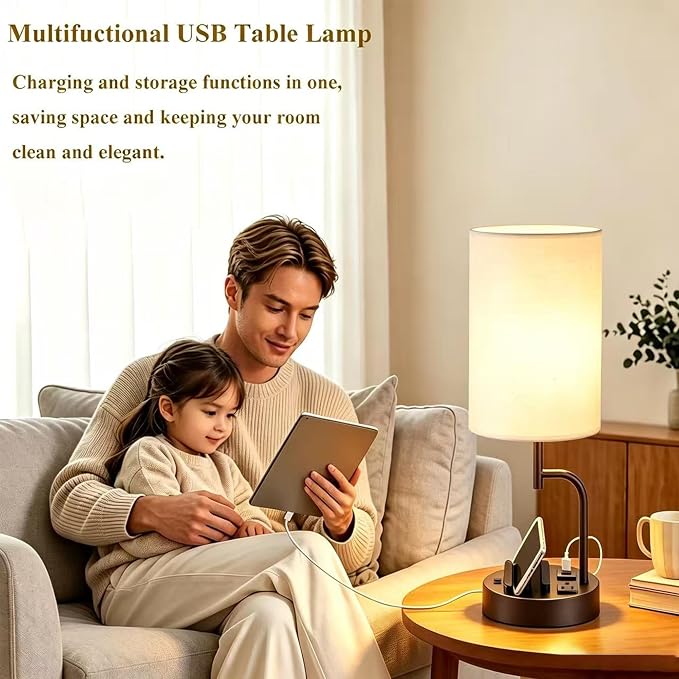 Dreamholder 2 Pack Table Lamp, Bedside Lamp with 3 USB Charging Ports & AC Outlet, USB Desk Lamp with 2 Phone Holders, Linen Fabric Shade Nightstand Lamps for Bedroom Living Room Office, Dark Brown - Image 7