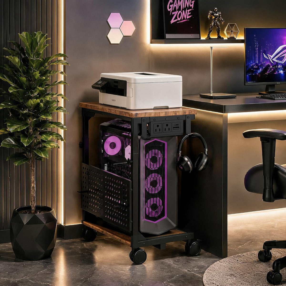 Adjustable Computer Tower Stand with Charging Station & Pegboard,Brown - Image 5